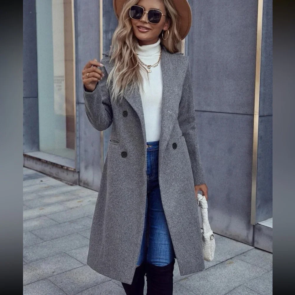 Lapel collar Double Breasted Overcoat long pea coat peacoat black long line - Picture 9 of 10